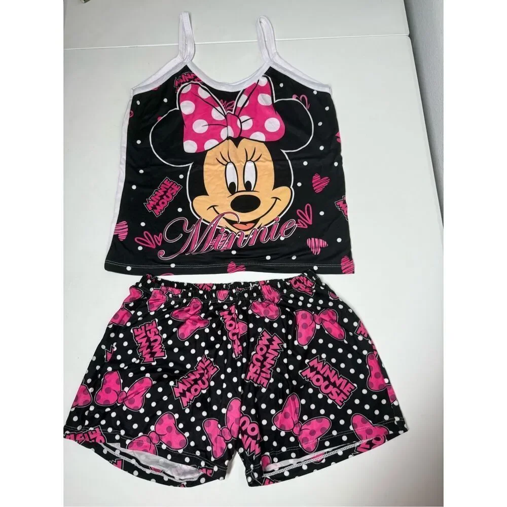 Girl's Minnie Mouse Pajama Tank Top/Shorts Set Sz XL See Description Black Pink